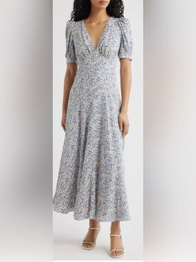 vika floral side slit dress reformation Reformation Vika Floral Side Slit Dress in Blue